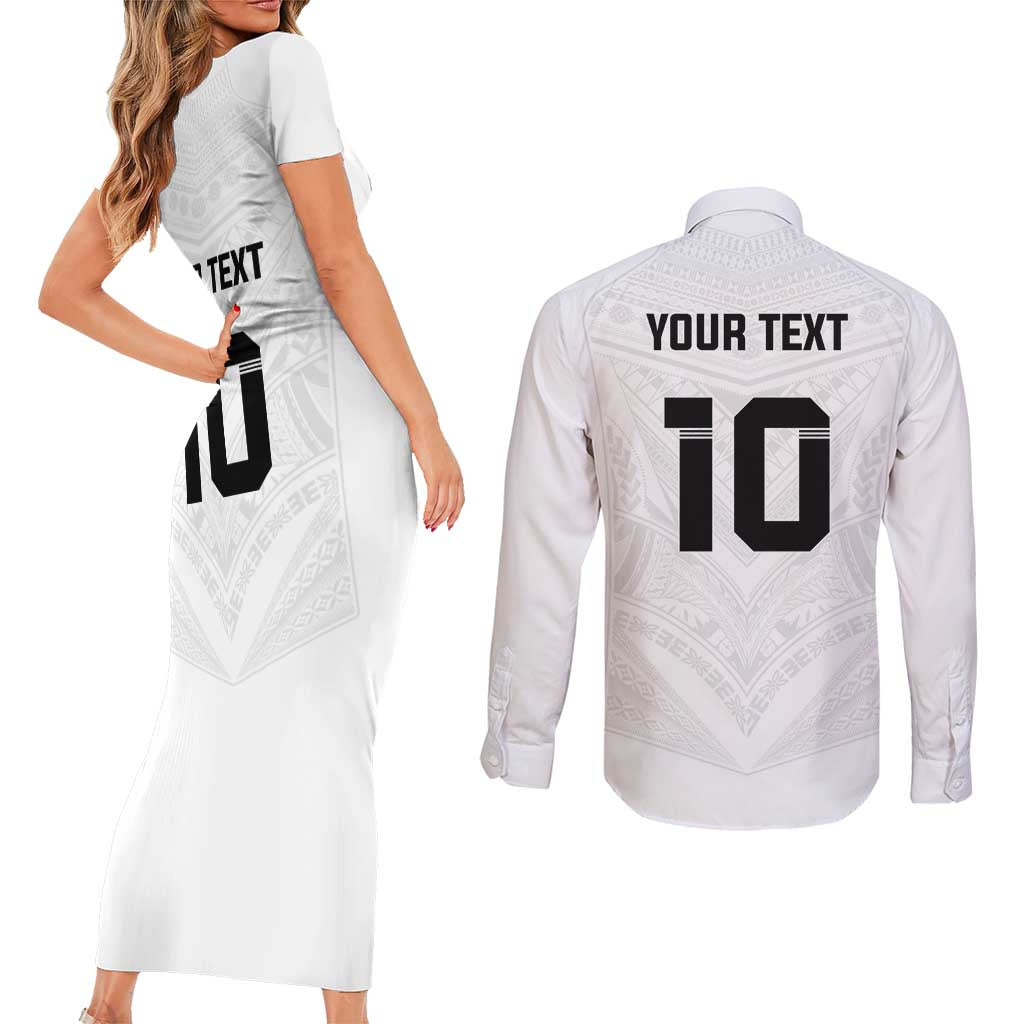 Custom Fiji Rugby Couples Matching Short Sleeve Bodycon Dress and Long Sleeve Button Shirt Tapa Tribal Motifs Sporty Style - Polynesian Pride