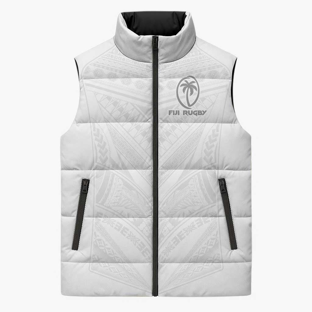 Custom Fiji Rugby Sleeveless Puffer Jacket Tapa Tribal Motifs Sporty Style LT03 Unisex White - Polynesian Pride