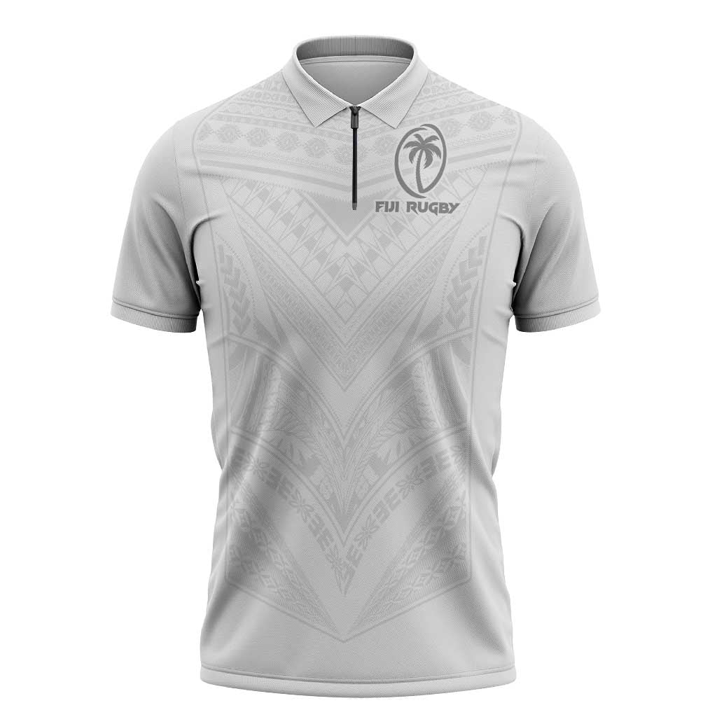 Custom Fiji Rugby Zipper Polo Shirt Tapa Tribal Motifs Sporty Style LT03 White - Polynesian Pride