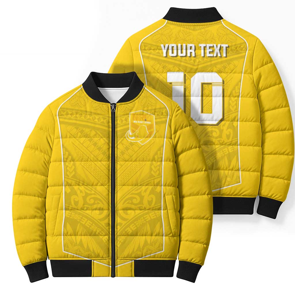 Custom Niue Rugby Bomber Puffer Jacket Hiapo Tribal Motifs Sporty Style - Polynesian Pride