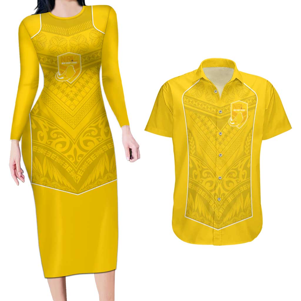 Custom Niue Rugby Couples Matching Long Sleeve Bodycon Dress and Hawaiian Shirt Hiapo Tribal Motifs Sporty Style LT03 Yellow - Polynesian Pride