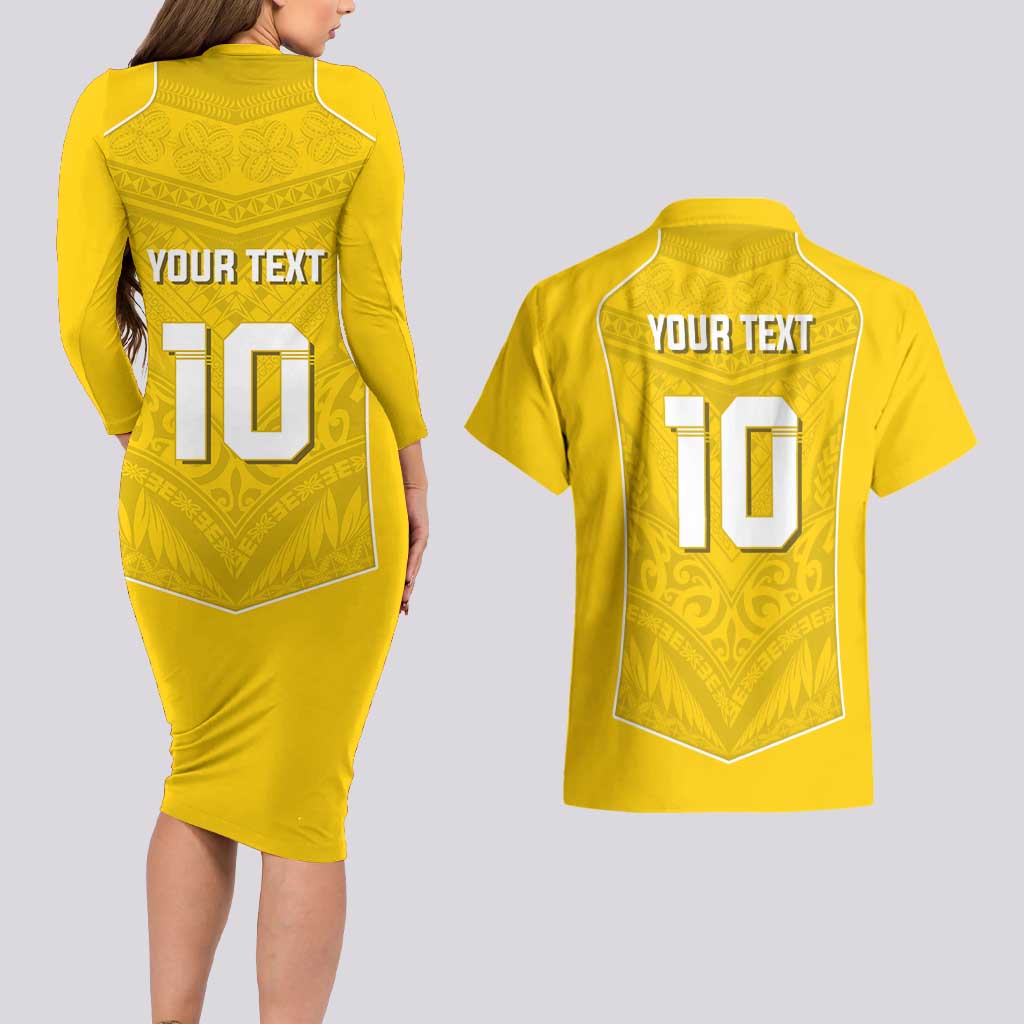 Custom Niue Rugby Couples Matching Long Sleeve Bodycon Dress and Hawaiian Shirt Hiapo Tribal Motifs Sporty Style LT03 - Polynesian Pride