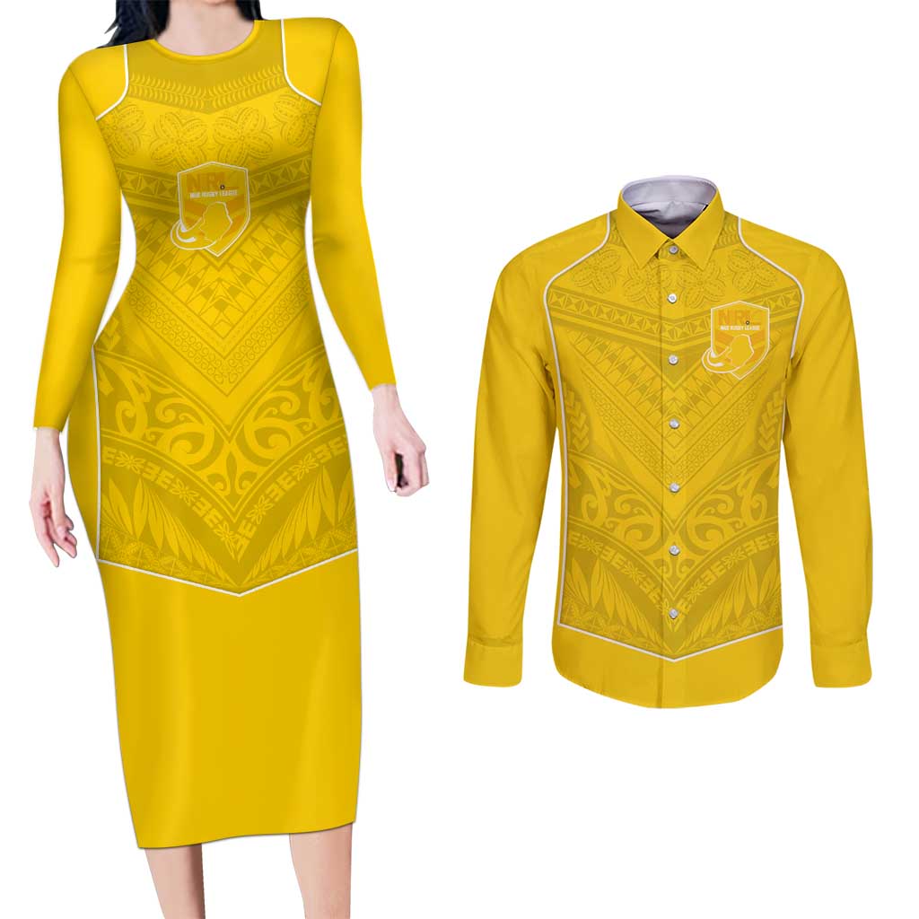 Custom Niue Rugby Couples Matching Long Sleeve Bodycon Dress and Long Sleeve Button Shirt Hiapo Tribal Motifs Sporty Style LT03 Yellow - Polynesian Pride