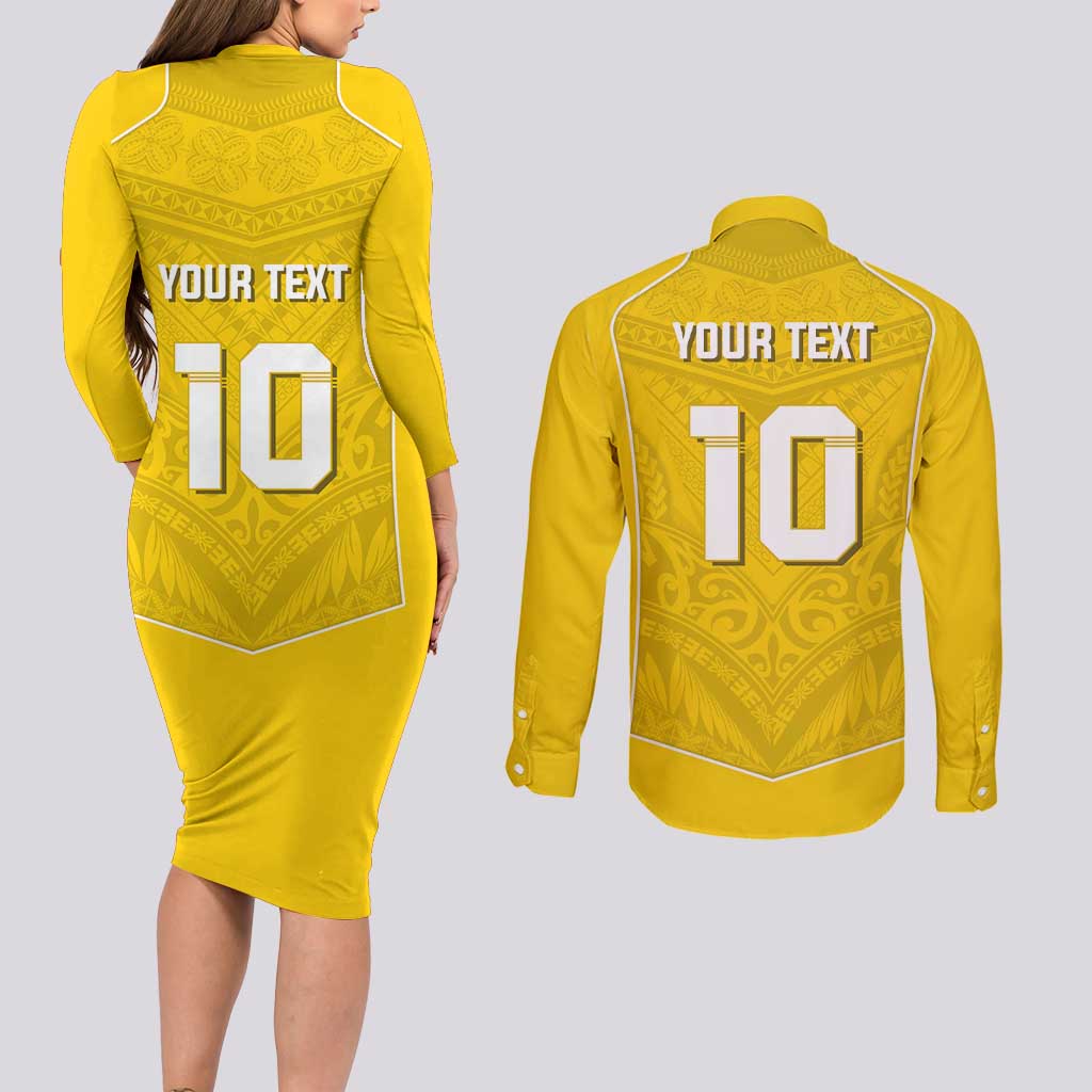 Custom Niue Rugby Couples Matching Long Sleeve Bodycon Dress and Long Sleeve Button Shirt Hiapo Tribal Motifs Sporty Style LT03 - Polynesian Pride