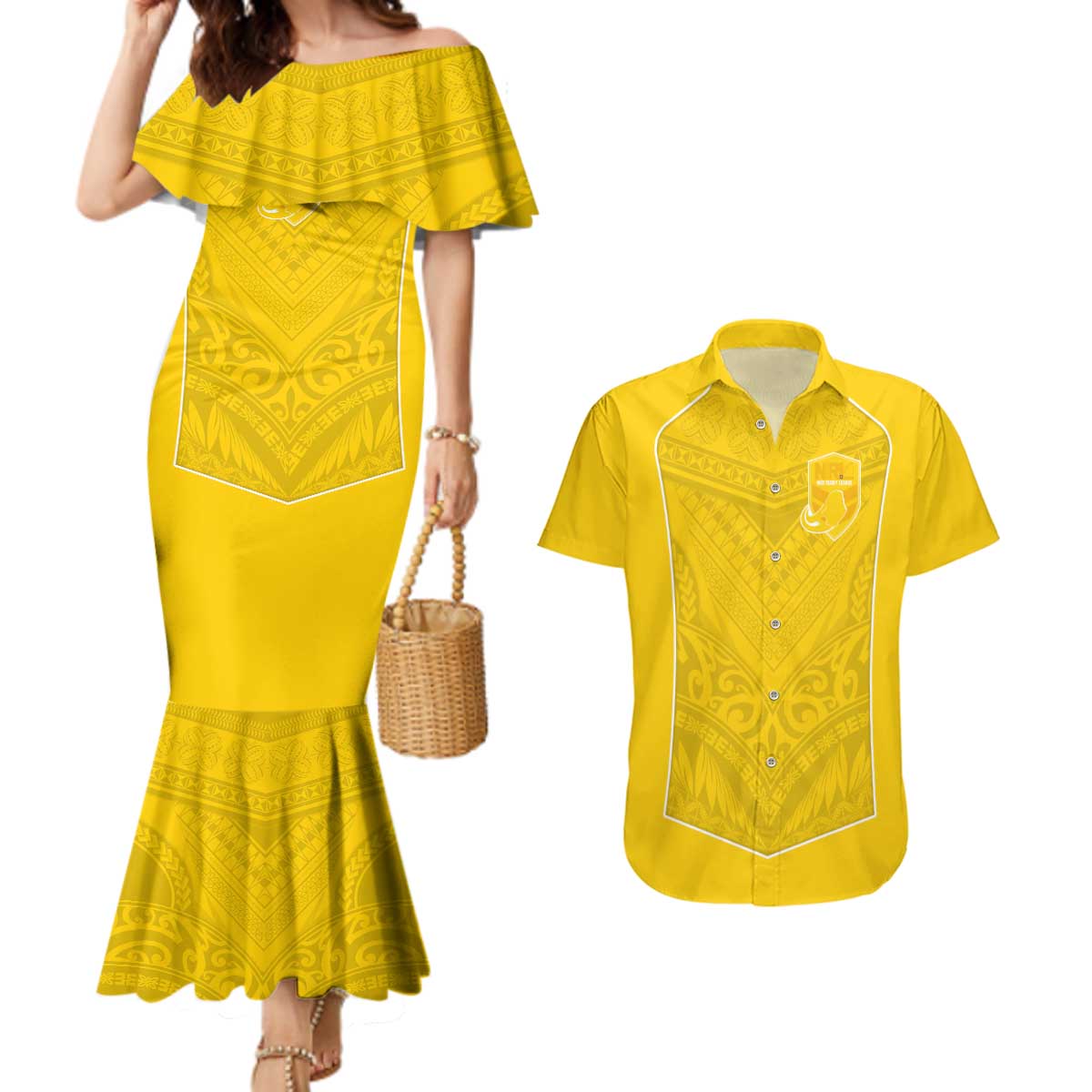 Custom Niue Rugby Couples Matching Mermaid Dress and Hawaiian Shirt Hiapo Tribal Motifs Sporty Style LT03 Yellow - Polynesian Pride