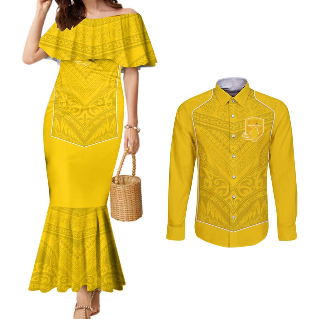 Custom Niue Rugby Couples Matching Mermaid Dress and Long Sleeve Button Shirt Hiapo Tribal Motifs Sporty Style LT03 Yellow - Polynesian Pride