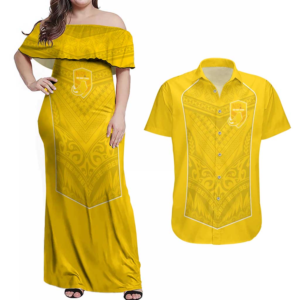 Custom Niue Rugby Couples Matching Off Shoulder Maxi Dress and Hawaiian Shirt Hiapo Tribal Motifs Sporty Style LT03 Yellow - Polynesian Pride