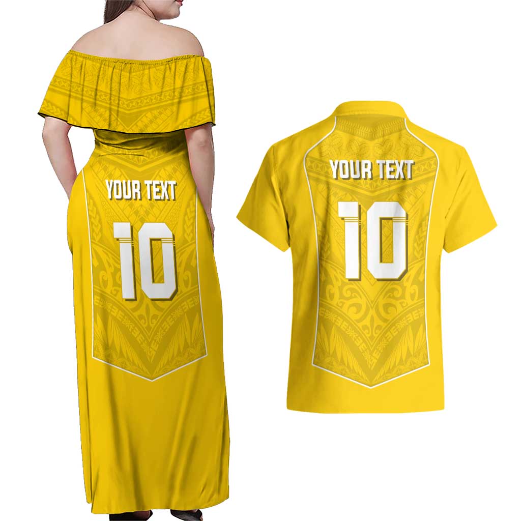 Custom Niue Rugby Couples Matching Off Shoulder Maxi Dress and Hawaiian Shirt Hiapo Tribal Motifs Sporty Style LT03 - Polynesian Pride