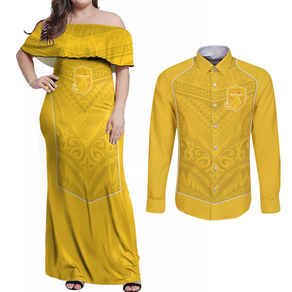 Custom Niue Rugby Couples Matching Off Shoulder Maxi Dress and Long Sleeve Button Shirt Hiapo Tribal Motifs Sporty Style LT03 Yellow - Polynesian Pride