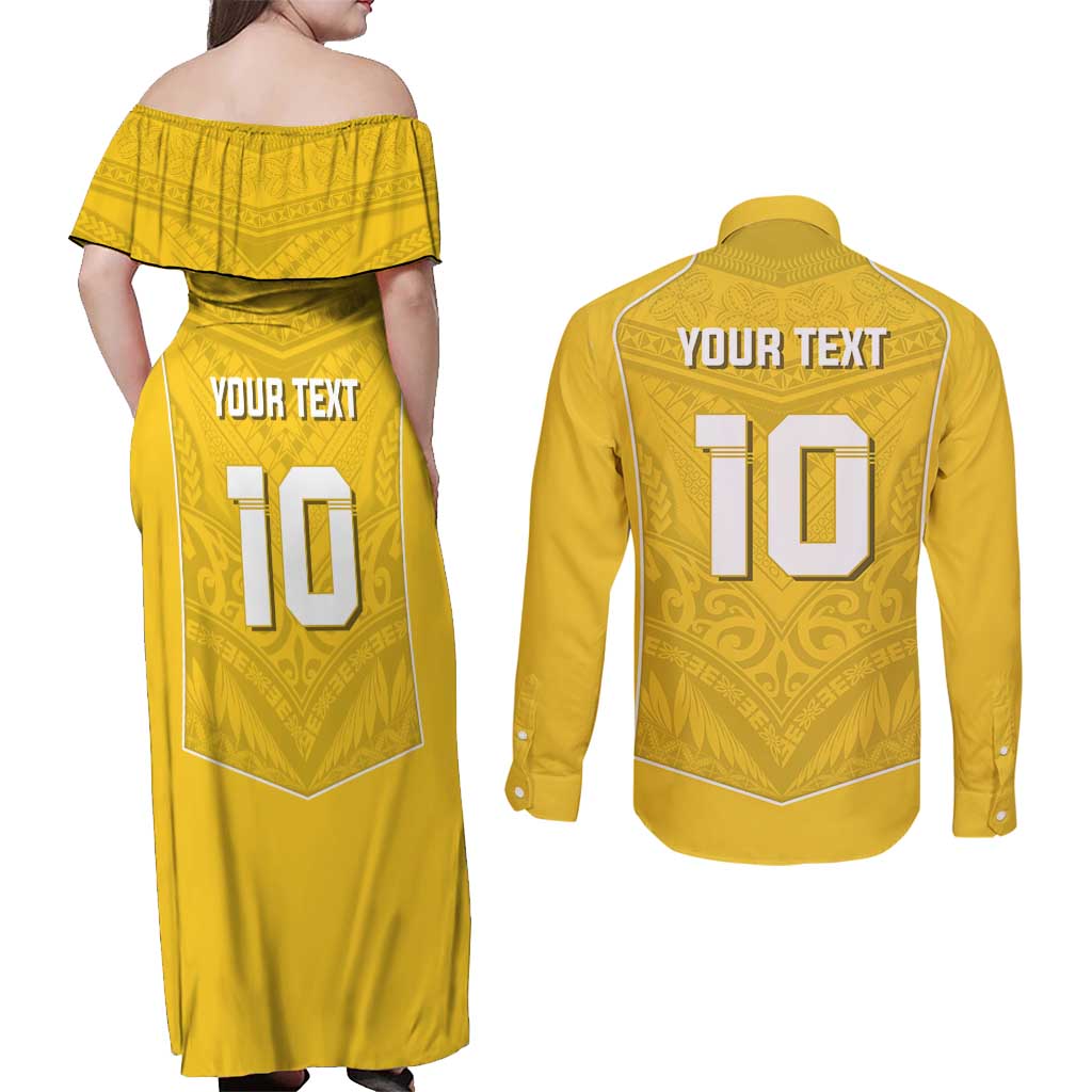 Custom Niue Rugby Couples Matching Off Shoulder Maxi Dress and Long Sleeve Button Shirt Hiapo Tribal Motifs Sporty Style LT03 - Polynesian Pride