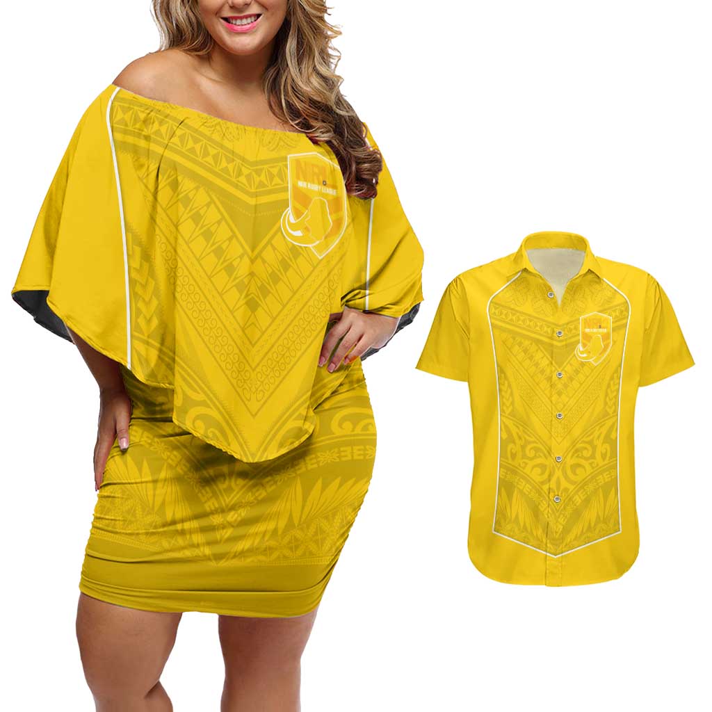 Custom Niue Rugby Couples Matching Off Shoulder Short Dress and Hawaiian Shirt Hiapo Tribal Motifs Sporty Style LT03 Yellow - Polynesian Pride