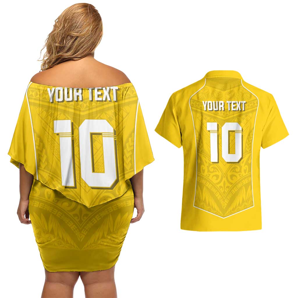 Custom Niue Rugby Couples Matching Off Shoulder Short Dress and Hawaiian Shirt Hiapo Tribal Motifs Sporty Style LT03 - Polynesian Pride