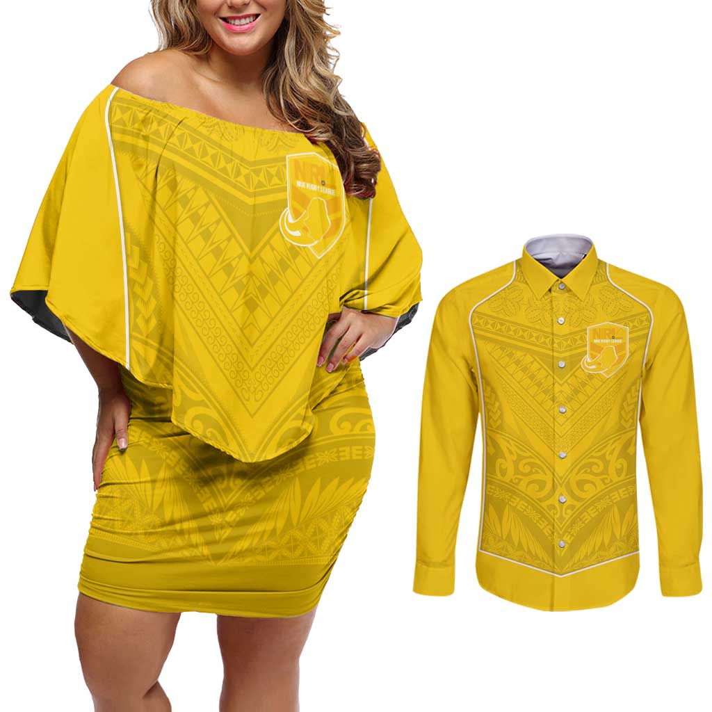 Custom Niue Rugby Couples Matching Off Shoulder Short Dress and Long Sleeve Button Shirt Hiapo Tribal Motifs Sporty Style LT03 Yellow - Polynesian Pride