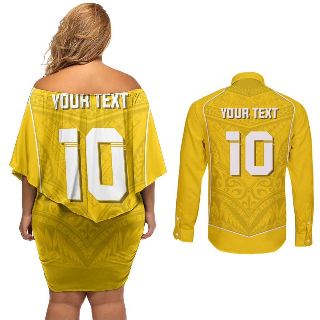 Custom Niue Rugby Couples Matching Off Shoulder Short Dress and Long Sleeve Button Shirt Hiapo Tribal Motifs Sporty Style LT03 - Polynesian Pride