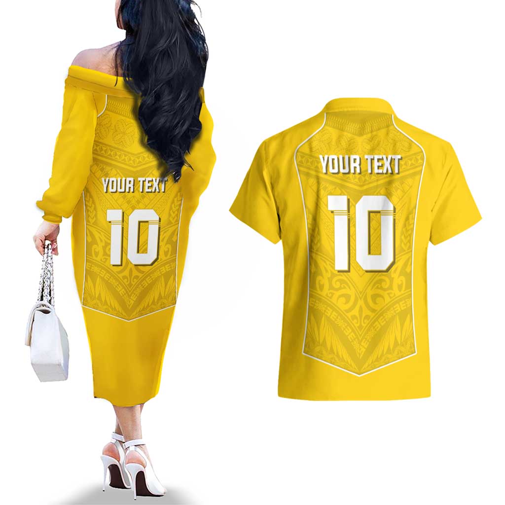 Custom Niue Rugby Couples Matching Off The Shoulder Long Sleeve Dress and Hawaiian Shirt Hiapo Tribal Motifs Sporty Style LT03 - Polynesian Pride