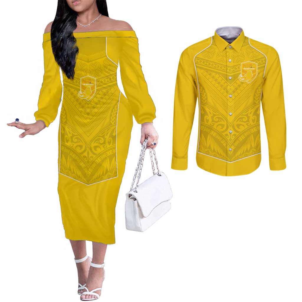 Custom Niue Rugby Couples Matching Off The Shoulder Long Sleeve Dress and Long Sleeve Button Shirt Hiapo Tribal Motifs Sporty Style LT03 Yellow - Polynesian Pride
