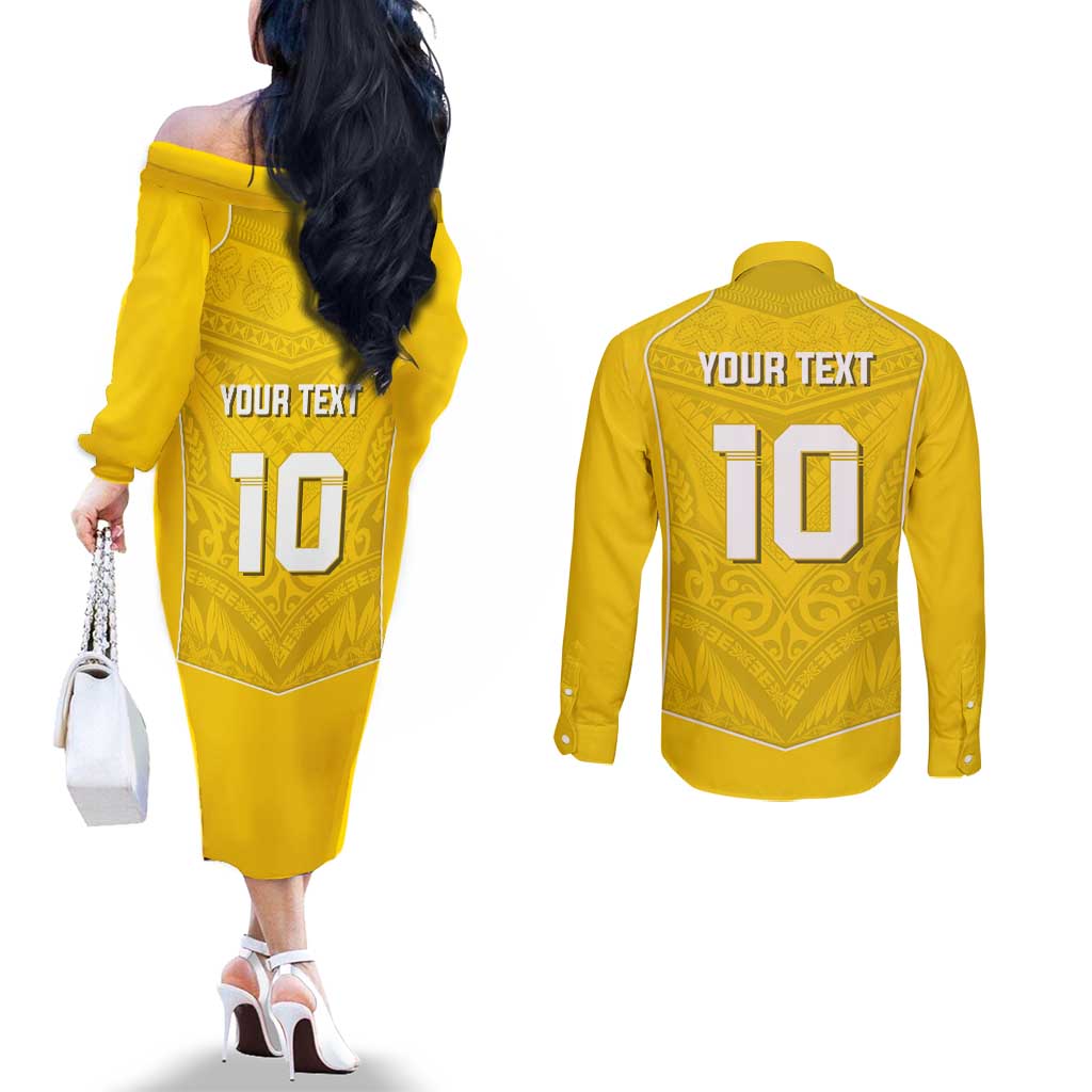 Custom Niue Rugby Couples Matching Off The Shoulder Long Sleeve Dress and Long Sleeve Button Shirt Hiapo Tribal Motifs Sporty Style LT03 - Polynesian Pride