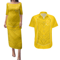 Custom Niue Rugby Couples Matching Puletasi and Hawaiian Shirt Hiapo Tribal Motifs Sporty Style LT03 Yellow - Polynesian Pride
