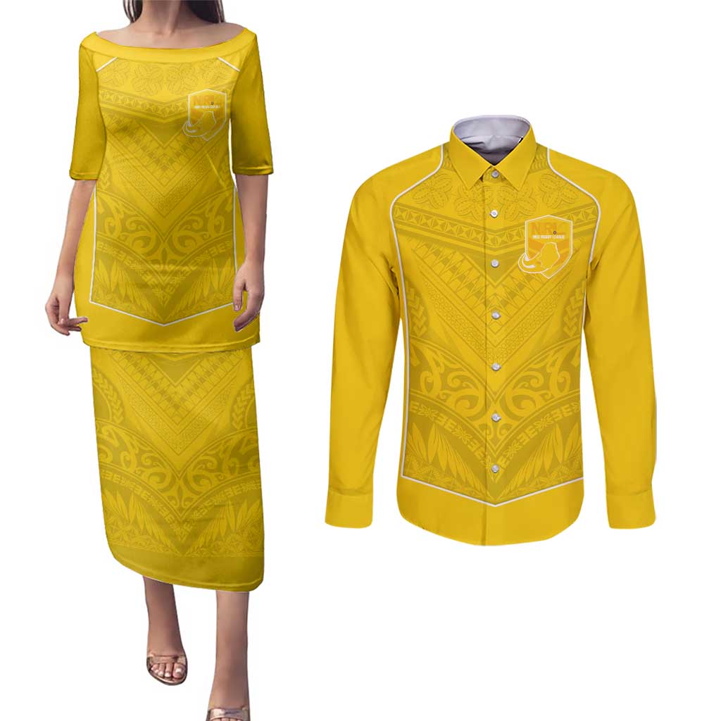 Custom Niue Rugby Couples Matching Puletasi and Long Sleeve Button Shirt Hiapo Tribal Motifs Sporty Style LT03 Yellow - Polynesian Pride