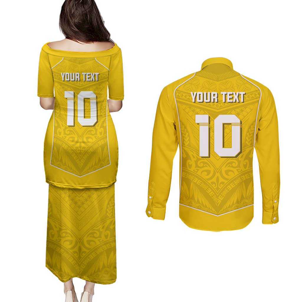 Custom Niue Rugby Couples Matching Puletasi and Long Sleeve Button Shirt Hiapo Tribal Motifs Sporty Style LT03 - Polynesian Pride