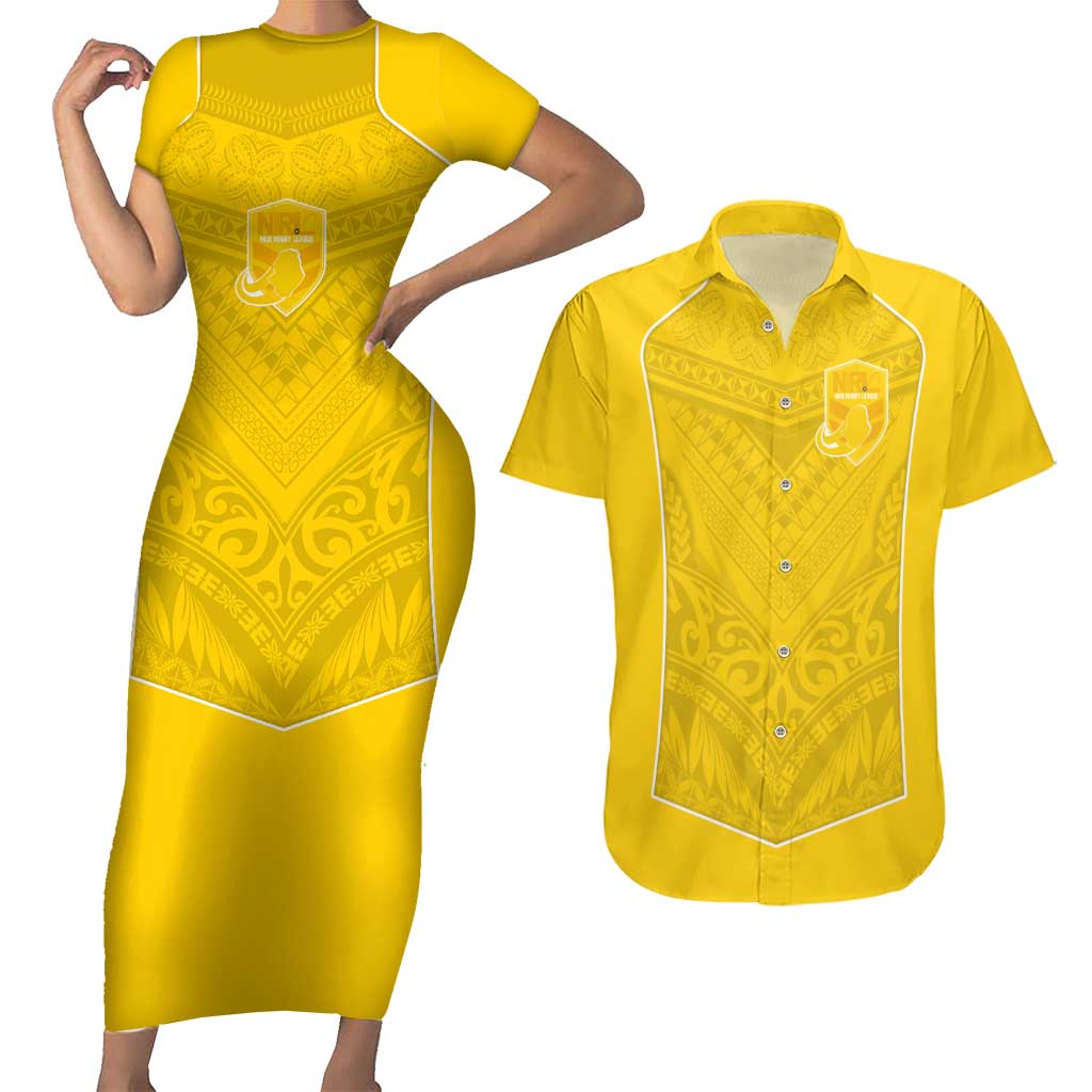 Custom Niue Rugby Couples Matching Short Sleeve Bodycon Dress and Hawaiian Shirt Hiapo Tribal Motifs Sporty Style LT03 Yellow - Polynesian Pride