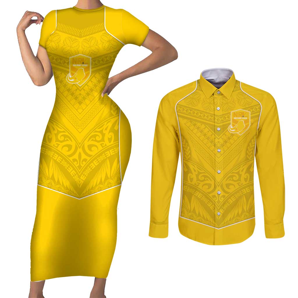 Custom Niue Rugby Couples Matching Short Sleeve Bodycon Dress and Long Sleeve Button Shirt Hiapo Tribal Motifs Sporty Style LT03 Yellow - Polynesian Pride