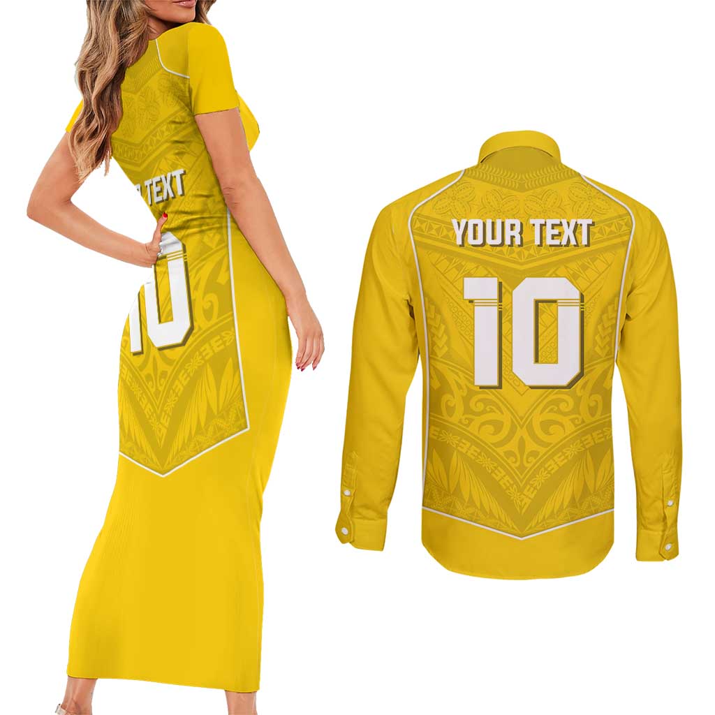 Custom Niue Rugby Couples Matching Short Sleeve Bodycon Dress and Long Sleeve Button Shirt Hiapo Tribal Motifs Sporty Style LT03 - Polynesian Pride