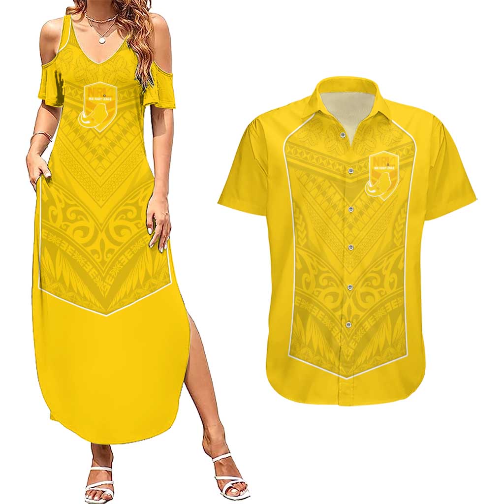 Custom Niue Rugby Couples Matching Summer Maxi Dress and Hawaiian Shirt Hiapo Tribal Motifs Sporty Style LT03 Yellow - Polynesian Pride