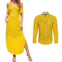 Custom Niue Rugby Couples Matching Summer Maxi Dress and Long Sleeve Button Shirt Hiapo Tribal Motifs Sporty Style LT03 Yellow - Polynesian Pride