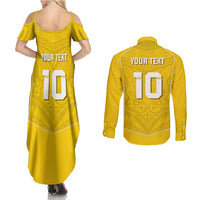 Custom Niue Rugby Couples Matching Summer Maxi Dress and Long Sleeve Button Shirt Hiapo Tribal Motifs Sporty Style LT03 - Polynesian Pride