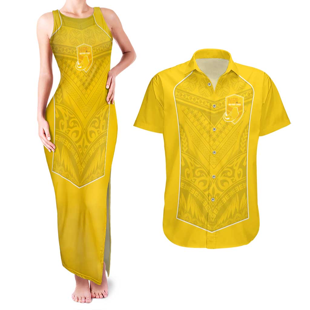 Custom Niue Rugby Couples Matching Tank Maxi Dress and Hawaiian Shirt Hiapo Tribal Motifs Sporty Style LT03 Yellow - Polynesian Pride