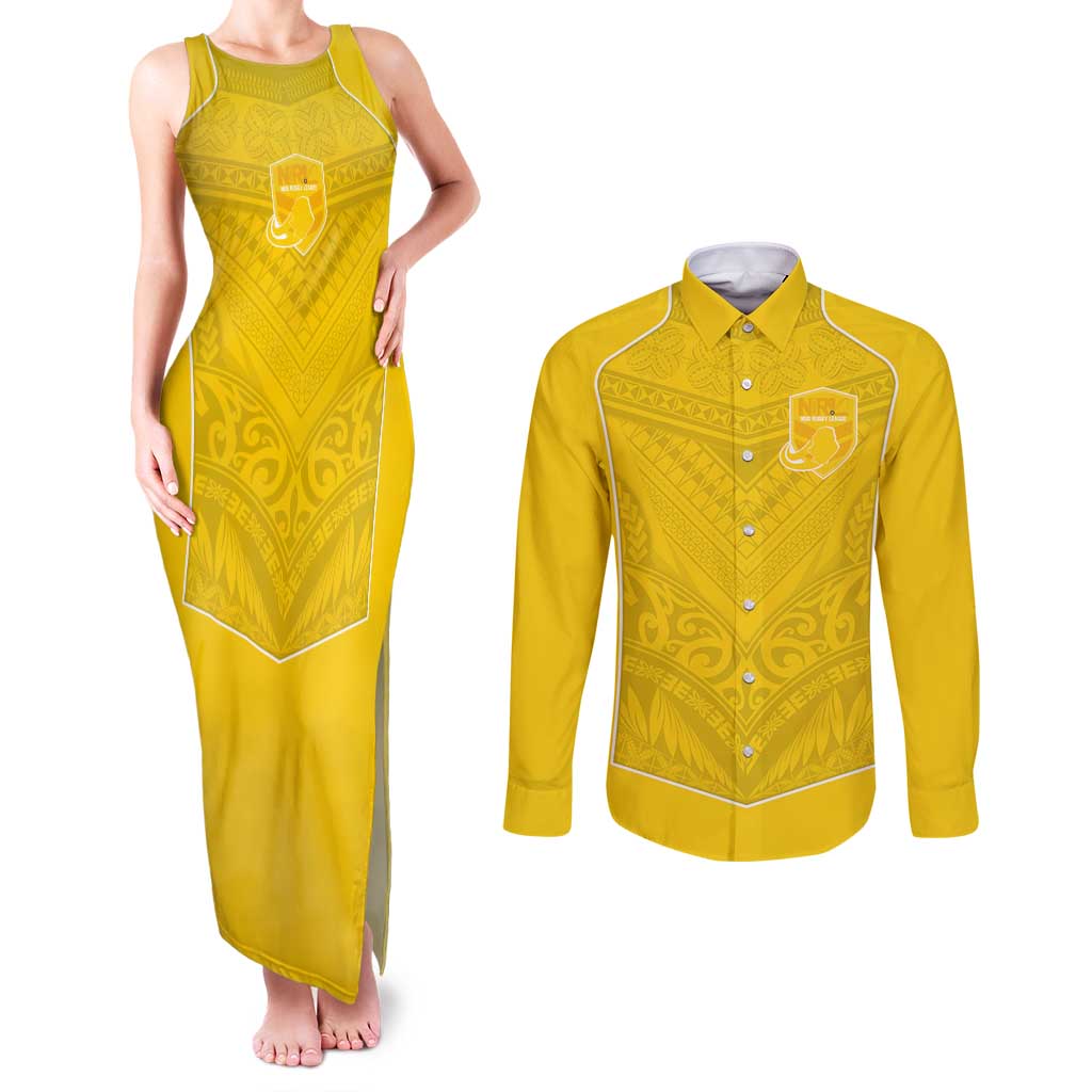 Custom Niue Rugby Couples Matching Tank Maxi Dress and Long Sleeve Button Shirt Hiapo Tribal Motifs Sporty Style LT03 Yellow - Polynesian Pride
