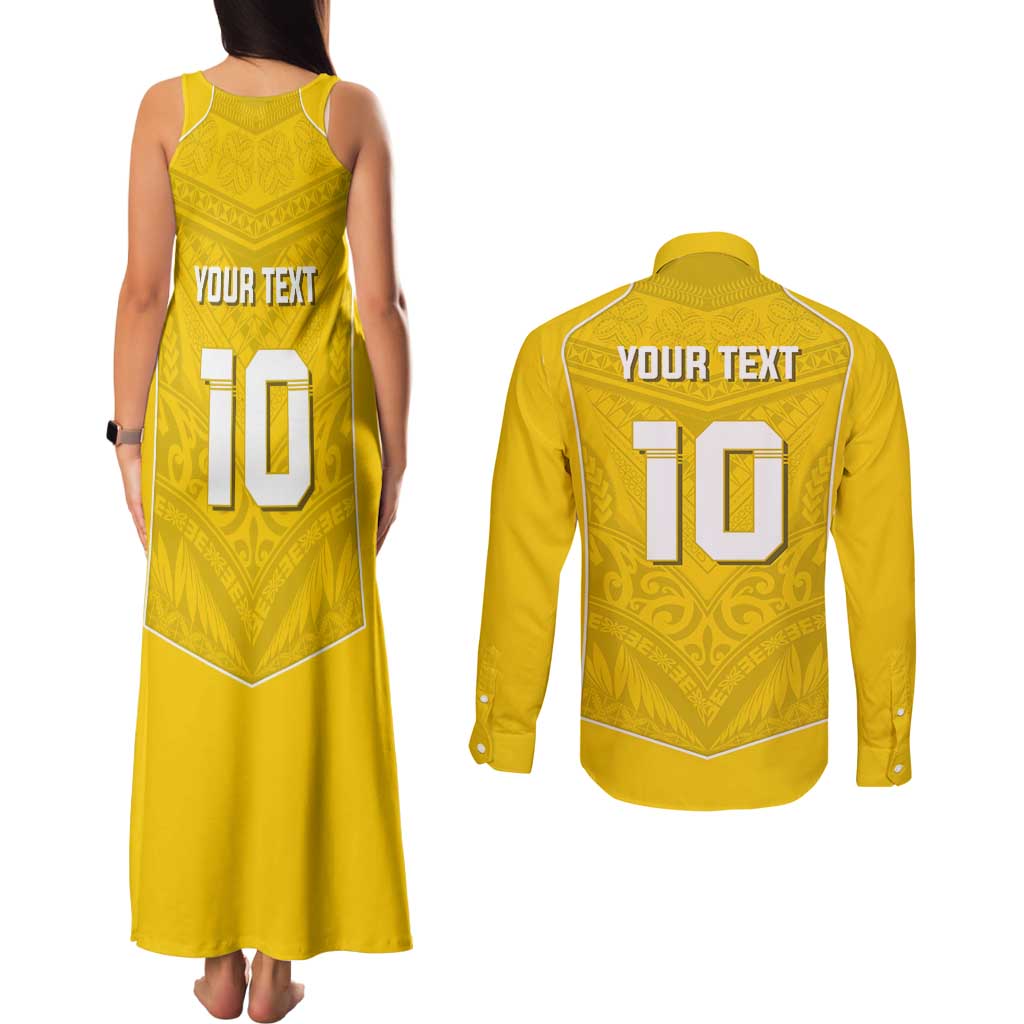 Custom Niue Rugby Couples Matching Tank Maxi Dress and Long Sleeve Button Shirt Hiapo Tribal Motifs Sporty Style LT03 - Polynesian Pride