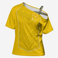 Custom Niue Rugby Cross Shoulder Shirt Hiapo Tribal Motifs Sporty Style LT03 Female Yellow - Polynesian Pride