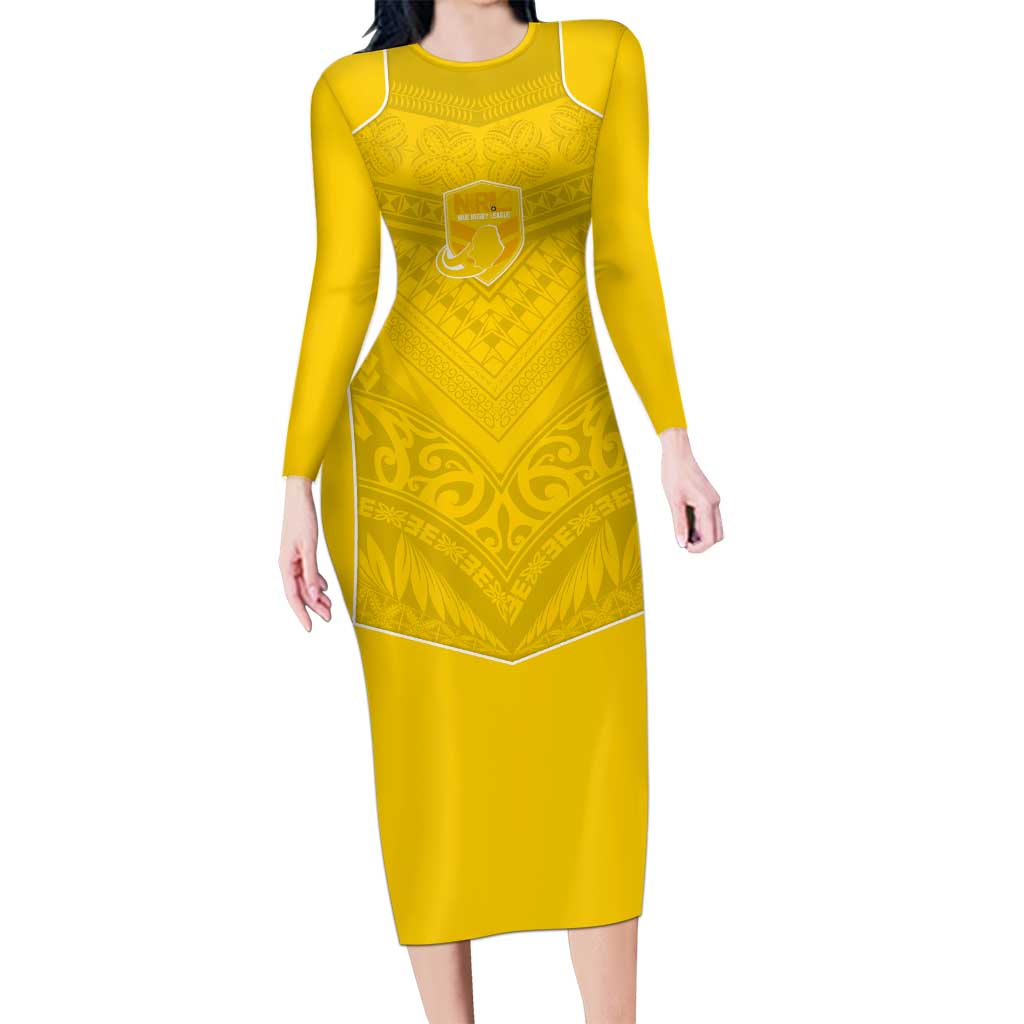 Custom Niue Rugby Family Matching Long Sleeve Bodycon Dress and Hawaiian Shirt Hiapo Tribal Motifs Sporty Style LT03 Mom's Dress Yellow - Polynesian Pride