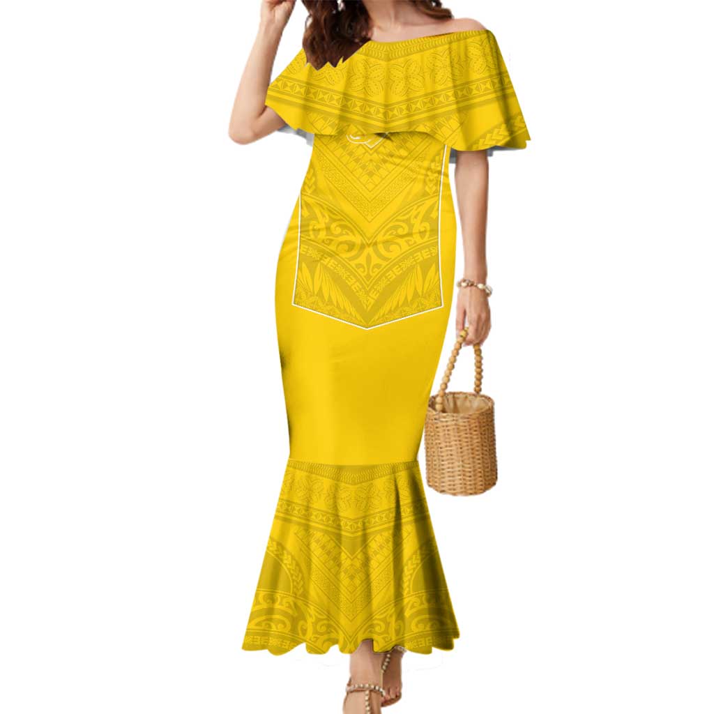 Custom Niue Rugby Family Matching Mermaid Dress and Hawaiian Shirt Hiapo Tribal Motifs Sporty Style LT03 Mom's Dress Yellow - Polynesian Pride