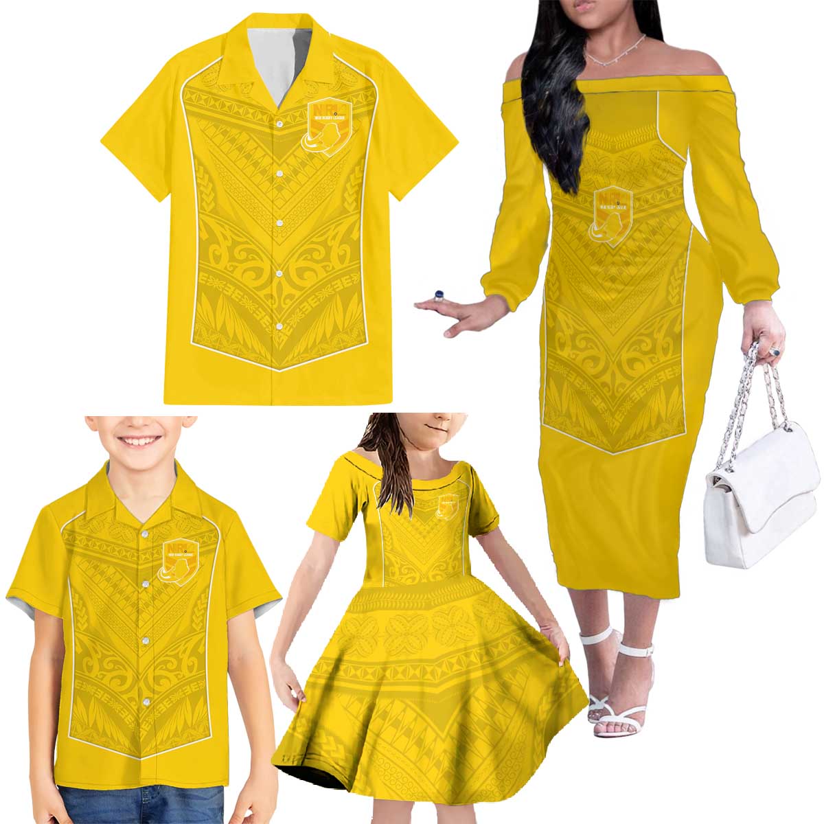 Custom Niue Rugby Family Matching Off The Shoulder Long Sleeve Dress and Hawaiian Shirt Hiapo Tribal Motifs Sporty Style LT03 - Polynesian Pride