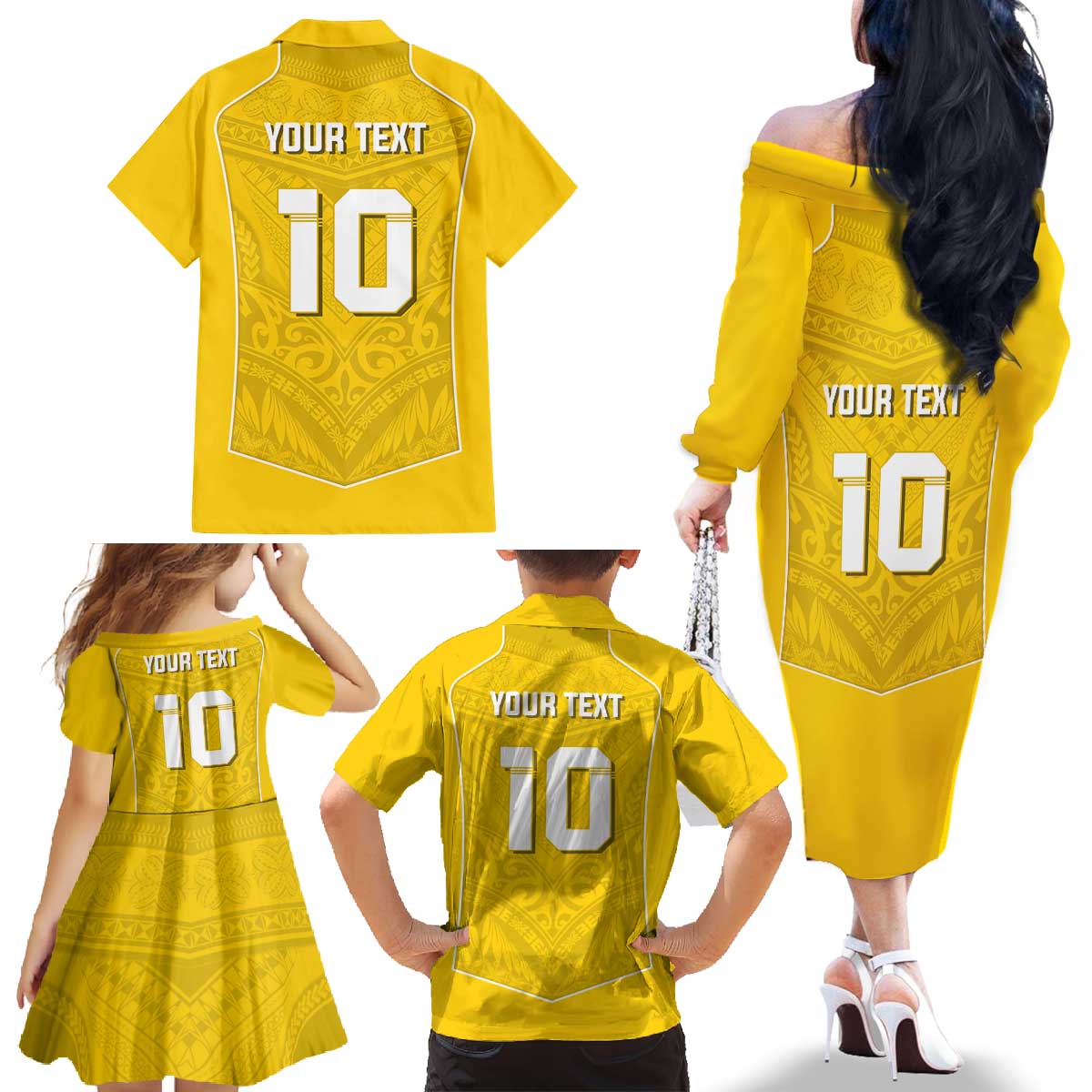 Custom Niue Rugby Family Matching Off The Shoulder Long Sleeve Dress and Hawaiian Shirt Hiapo Tribal Motifs Sporty Style LT03 - Polynesian Pride
