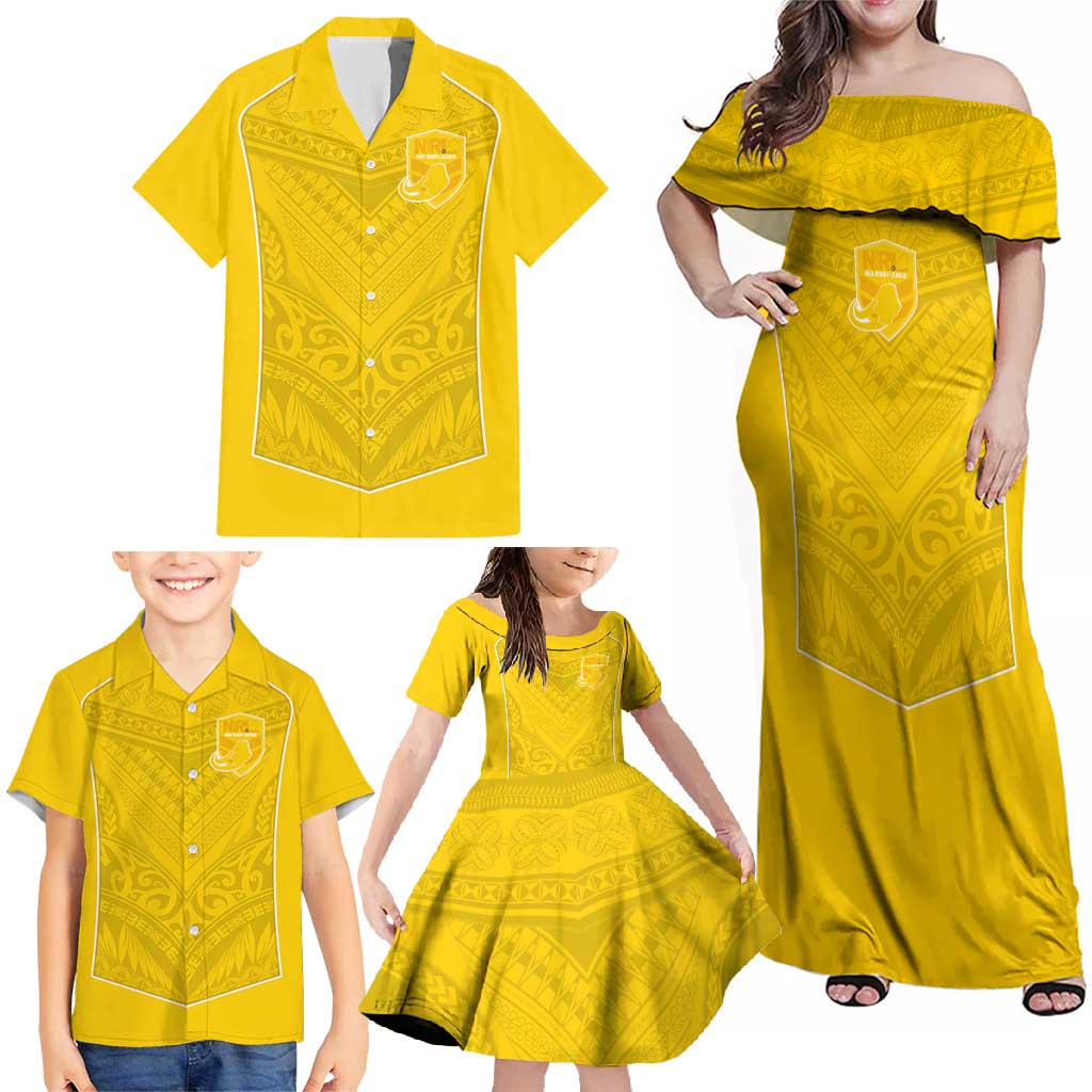 Custom Niue Rugby Family Matching Off Shoulder Maxi Dress and Hawaiian Shirt Hiapo Tribal Motifs Sporty Style LT03 - Polynesian Pride