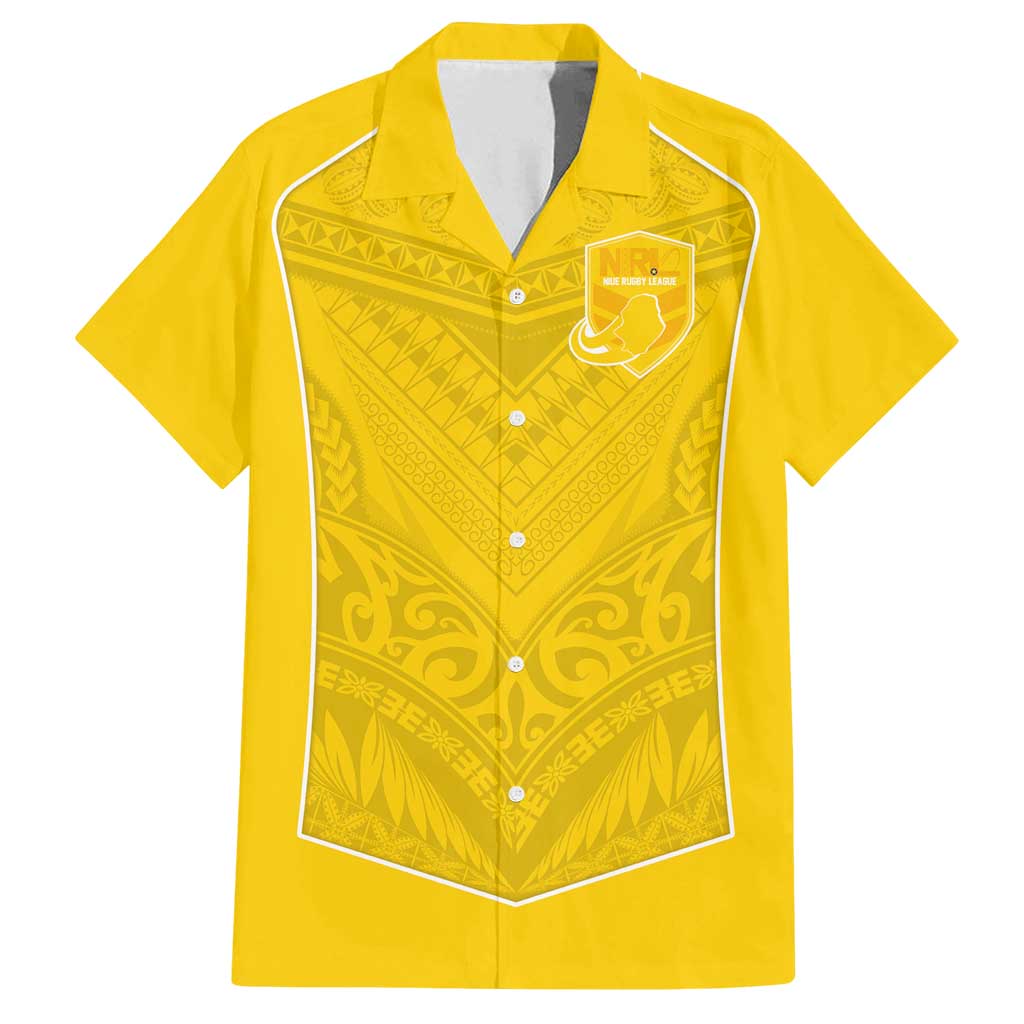 Custom Niue Rugby Family Matching Off Shoulder Maxi Dress and Hawaiian Shirt Hiapo Tribal Motifs Sporty Style LT03 Dad's Shirt - Short Sleeve Yellow - Polynesian Pride