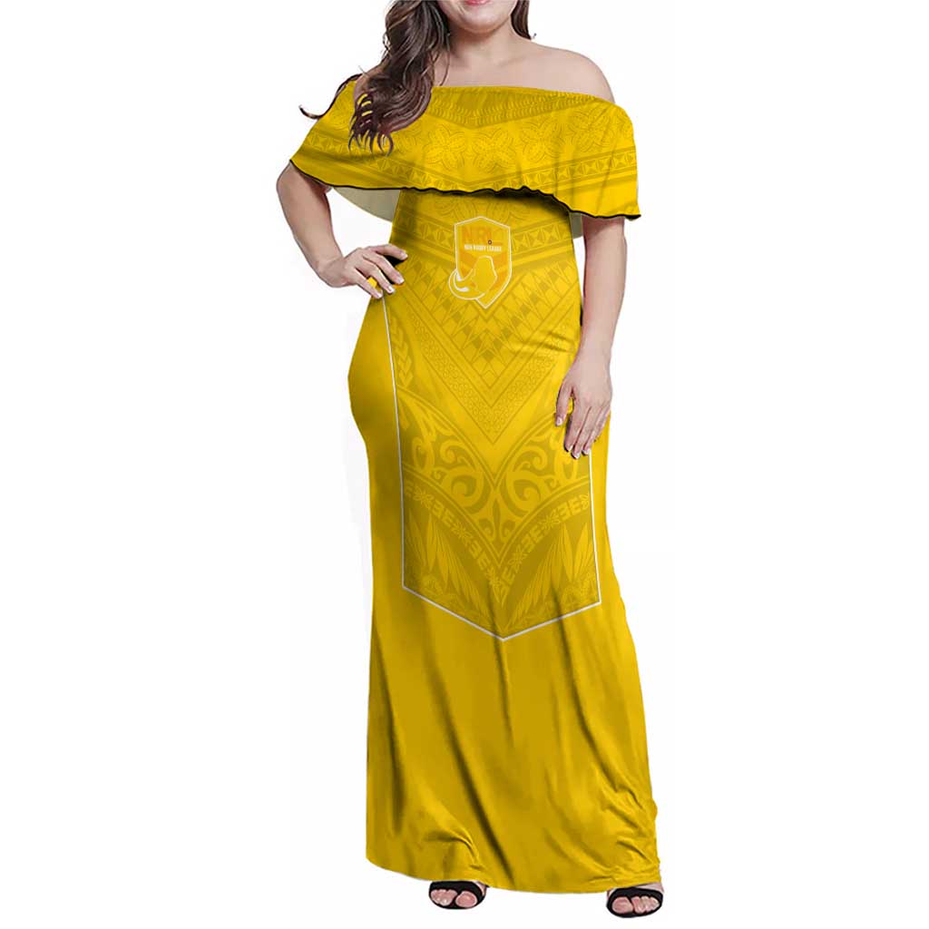 Custom Niue Rugby Family Matching Off Shoulder Maxi Dress and Hawaiian Shirt Hiapo Tribal Motifs Sporty Style LT03 Mom's Dress Yellow - Polynesian Pride