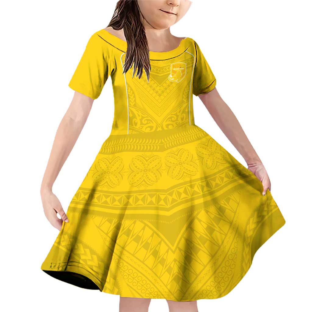 Custom Niue Rugby Family Matching Off Shoulder Short Dress and Hawaiian Shirt Hiapo Tribal Motifs Sporty Style LT03 Daughter's Dress Yellow - Polynesian Pride