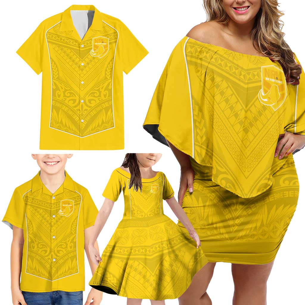 Custom Niue Rugby Family Matching Off Shoulder Short Dress and Hawaiian Shirt Hiapo Tribal Motifs Sporty Style LT03 - Polynesian Pride
