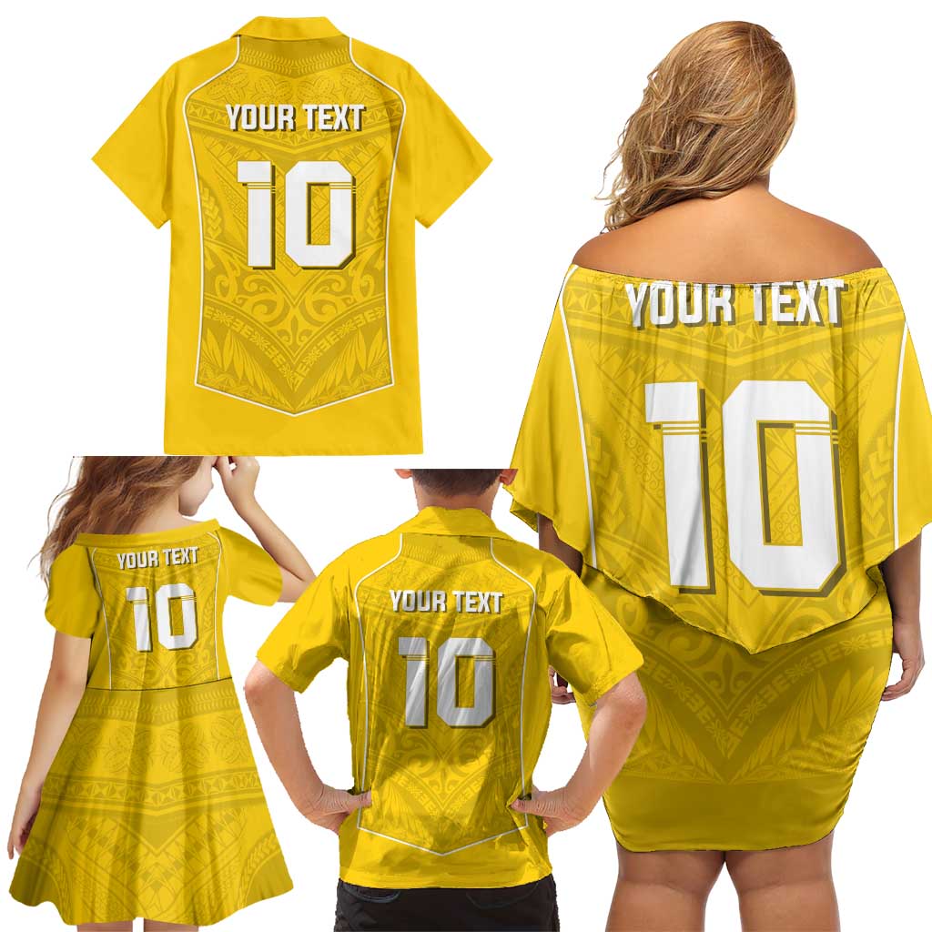 Custom Niue Rugby Family Matching Off Shoulder Short Dress and Hawaiian Shirt Hiapo Tribal Motifs Sporty Style LT03 - Polynesian Pride