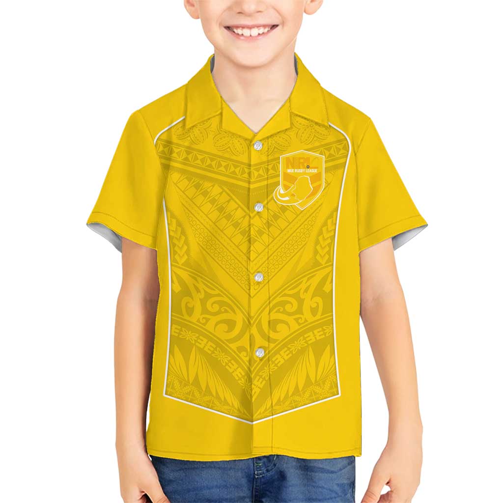 Custom Niue Rugby Family Matching Off Shoulder Short Dress and Hawaiian Shirt Hiapo Tribal Motifs Sporty Style LT03 Son's Shirt Yellow - Polynesian Pride