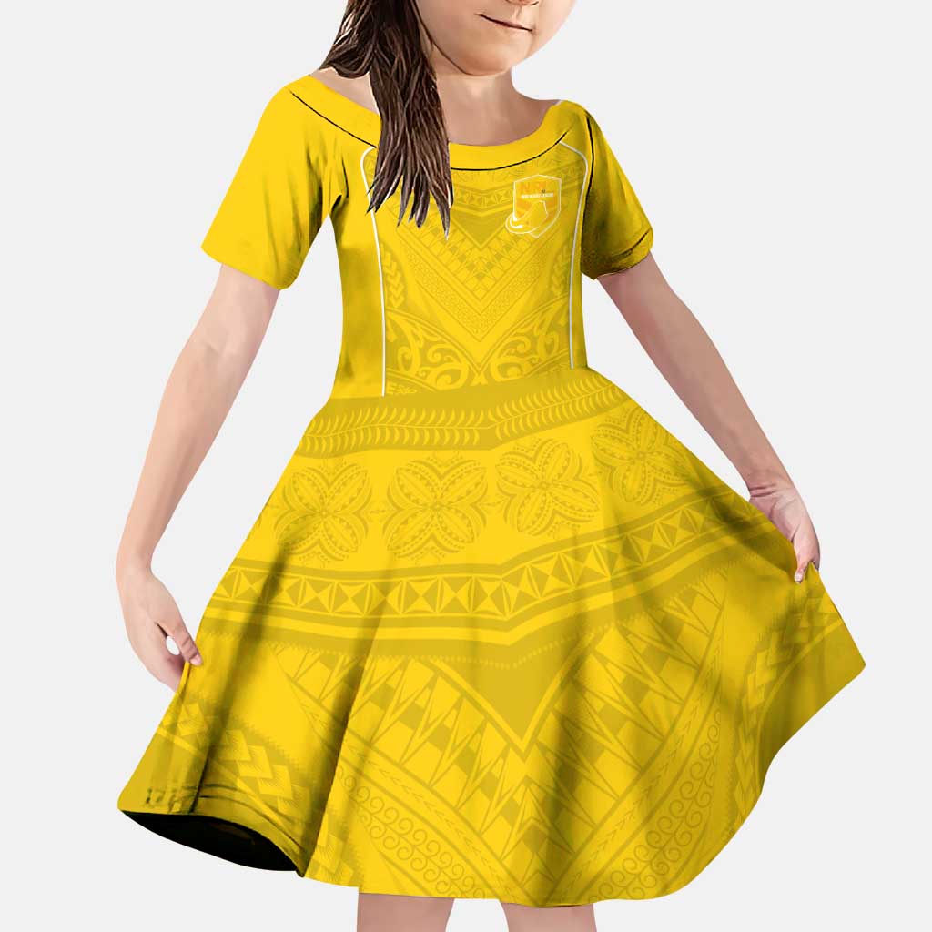 Custom Niue Rugby Family Matching Puletasi and Hawaiian Shirt Hiapo Tribal Motifs Sporty Style LT03 Daughter's Dress Yellow - Polynesian Pride