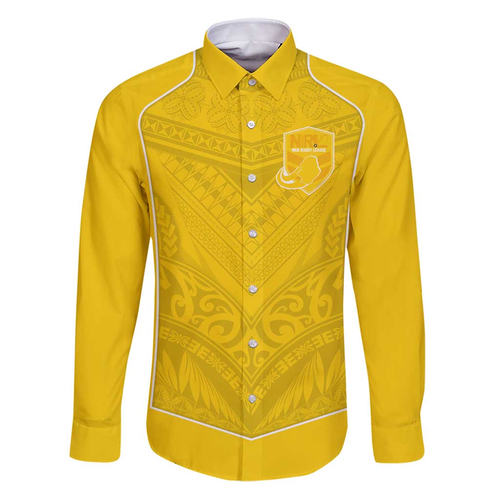 Custom Niue Rugby Family Matching Puletasi and Hawaiian Shirt Hiapo Tribal Motifs Sporty Style LT03 Dad's Shirt - Long Sleeve Yellow - Polynesian Pride