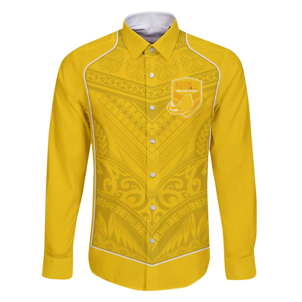 Custom Niue Rugby Family Matching Short Sleeve Bodycon Dress and Hawaiian Shirt Hiapo Tribal Motifs Sporty Style LT03 Dad's Shirt - Long Sleeve Yellow - Polynesian Pride