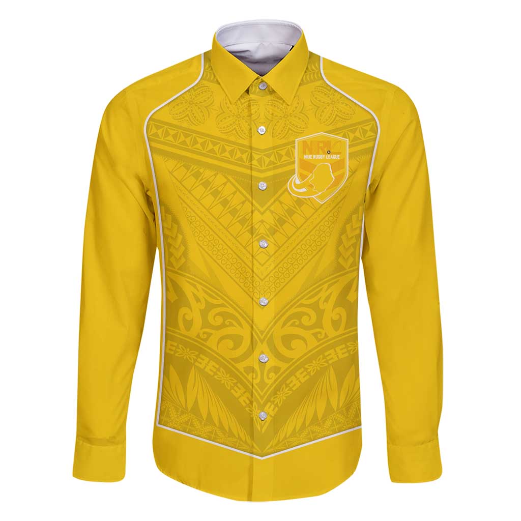 Custom Niue Rugby Family Matching Summer Maxi Dress and Hawaiian Shirt Hiapo Tribal Motifs Sporty Style LT03 Dad's Shirt - Long Sleeve Yellow - Polynesian Pride