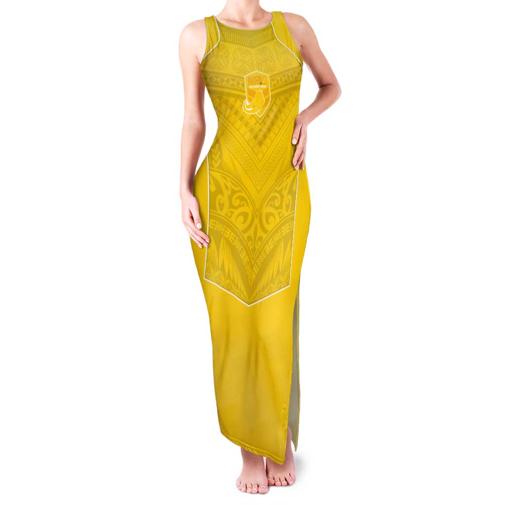 Custom Niue Rugby Family Matching Tank Maxi Dress and Hawaiian Shirt Hiapo Tribal Motifs Sporty Style LT03 Mom's Dress Yellow - Polynesian Pride